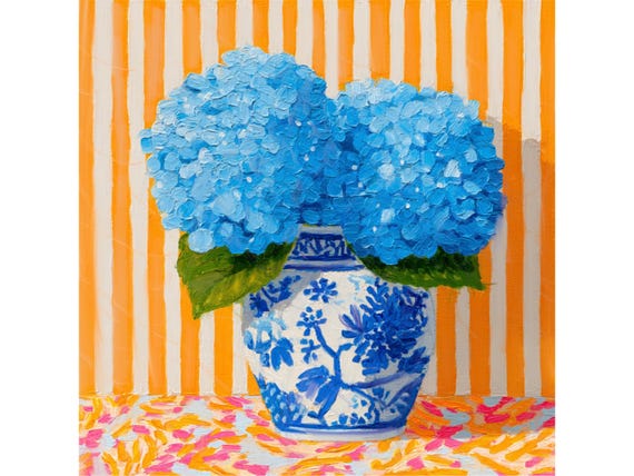 grandmillennial art, Blue Hydrangea in ginger jar on orange stripes, oil painting