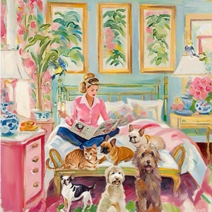 Grandmillennial art, Catching up with the news, Whimsical Bedroom Scene with Dogs