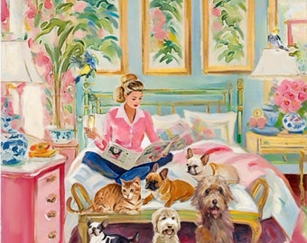 Grandmillennial art, Catching up with the news, whimsical fine art