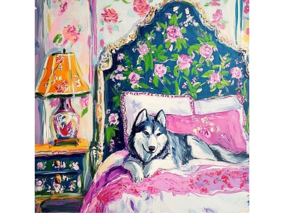 Grandmillennial art, A Bed Hogger, whimsical husky art