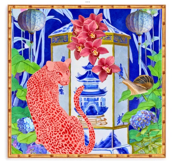 Chinoiserie Art Print: Pink Cheetah, Tropical Garden (Giclee)