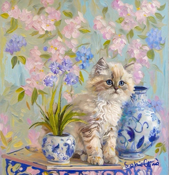 Grandmillennial art, Fluffy kitten and purple orchids in chinoiserie room, whimsical fine art