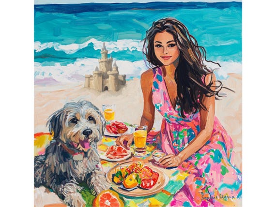 Grandmillennial art, Picnic on the Beach, whimsical fine art print