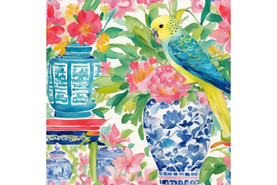 Grandmillennial art, Preppy budgie and peonies in chinoiserie jar, watercolor painting