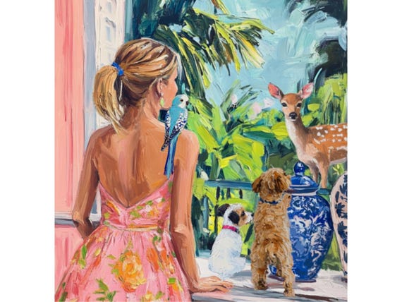 Grandmillennial art, A Visitor, oil painting