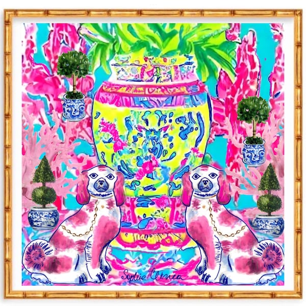 Grandmillennial art, Modern colorful chinoiserie print with pink Staffordshire dogs and yellow jar