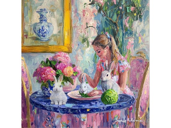 grandmillennial art, The House of White Bunny, whimsical fine art print