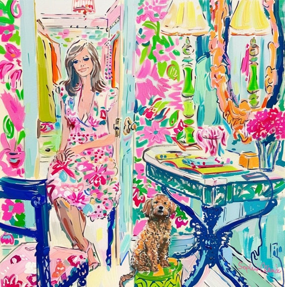 In the dressing room, grandmillennial art, preppy painting