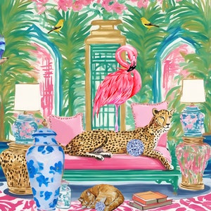 Grandmillennial art, Cheetah and pink flamingo in preppy chinoiserie interior, whimsical watercolor