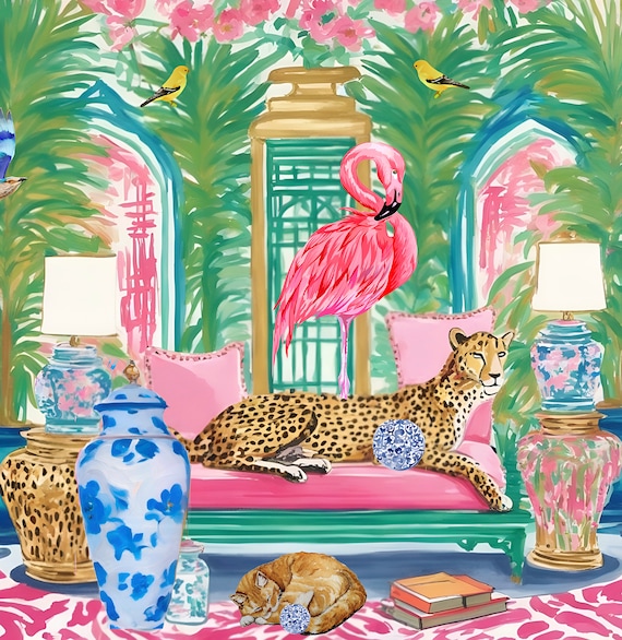 Grandmillennial art, Cheetah and pink flamingo in preppy chinoiserie interior, whimsical watercolor