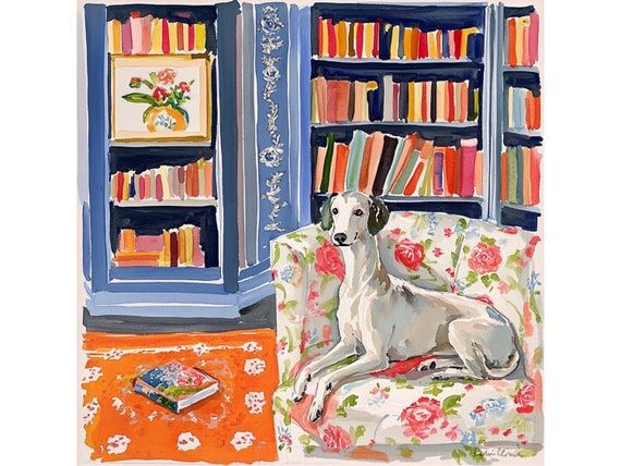 Grandmillennial art, In the Library, whimsical fine art print