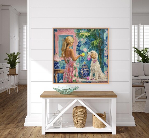Grandmillennial Art, A Fair Deal, Preppy Whimsical Dog Oil