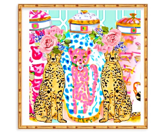 Grandmillennial art, Unique modern chinoiserie print with two cheetahs and chinoiserie jars