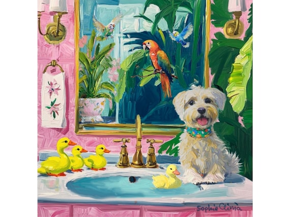 Grandmillennial art, A Baby Sitter, whimsical animals art