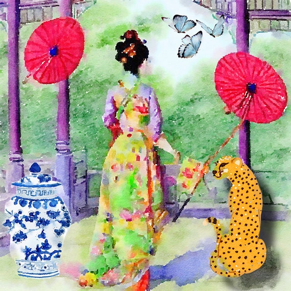 Chinoiserie art, watercolor wall art, Red umbrellas. Giclee print.