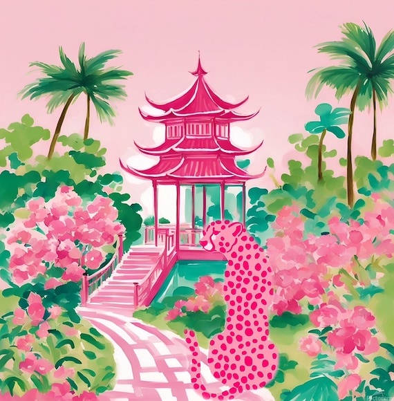 Grandmillennial art, preppy pink Cheetah in pink and green pagoda garden, whimsical watercolor