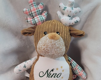 Hirsch weihnachtlich , personalisiertes Kuscheltier, Stofftier, Kuscheltier mit Name/Geburtsdaten, Geschenk, Geschenk Schulanfang