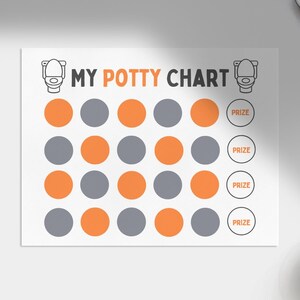 Puede incluir: Un gráfico de entrenamiento para ir al baño blanco con un icono de inodoro blanco y negro en la parte superior. El gráfico tiene 20 círculos, 10 naranjas y 10 grises, dispuestos en cuatro filas de cinco. El gráfico también tiene cuatro círculos blancos con la palabra "PRIZE" en texto negro.