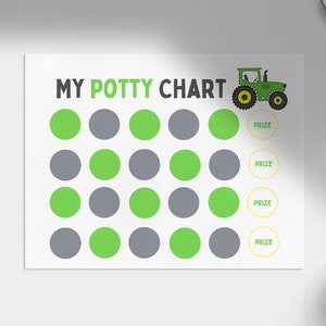 以下が含まれることがあります： 白地に緑と黄色のトラクター。チャートの上部に「MY POTTY CHART」というテキストがあります。4行に20個の円があり、緑と灰色の円が交互になっています。各行の右側に「PRIZE」というテキストが黄色い円の中にあります。