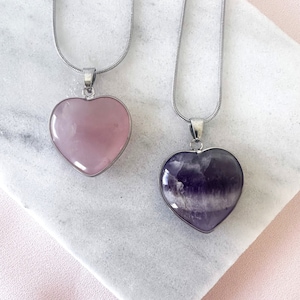 Crystal Necklace, Heart Rose Quartz Necklace, Amethyst Heart Crystal