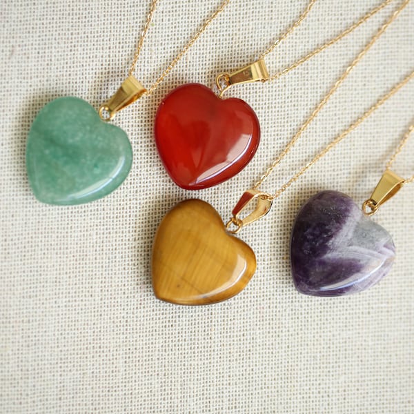 Crystal Heart Gold Filled Necklace, Amethyst Necklace, Carnelian Necklace, Jade, Tiger Eye Necklace