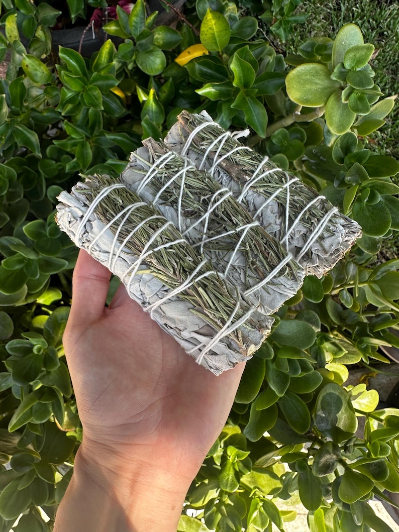 May include: Three bundles of white sage and rosemary smudge sticks tied together with twine. The smudge sticks are a light green color and are wrapped in white paper.