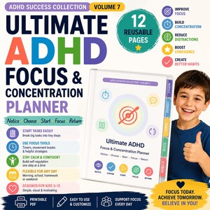 Agenda per la concentrazione per bambini con ADHD, strumenti e timer stampabili per migliorare la concentrazione, schede di lavoro sulle funzioni esecutive, formato PDF A4