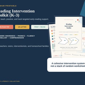 May include: A 38-page printable Reading Intervention Toolkit (K-3) PDF in US Letter format. The document includes sections for phonemic awareness, phonics, fluency, vocabulary, and comprehension, designed for teachers, tutors, and homeschool families.