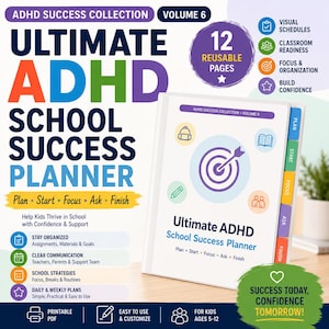 May include: A white spiral-bound Ultimate ADHD School Success Planner, Volume 6, featuring 12 reusable pages. The cover displays a purple target icon, a backpack, a book, a pencil, and people icons. It includes colour-coded tabs labelled Plan, Start, Focus, Ask, and Finish.
