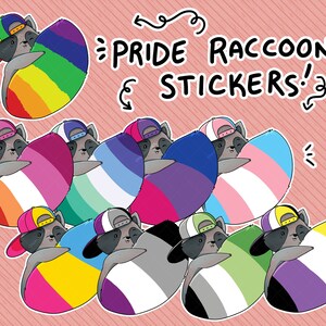 May include: A collection of Pride Raccoon stickers. Each sticker features a cartoon raccoon wearing a baseball cap and hugging a colorful egg-shaped design representing various pride flags. The background is a light pink with diagonal lines.