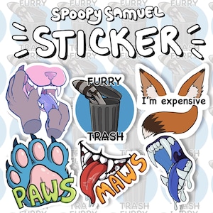May include: A set of six colorful stickers featuring various furry animal-themed designs. The stickers include a paw print, a trash can with a raccoon, a fox tail, a mouth with a tongue, and two different mouths with teeth. The stickers are all on a white background and have a glossy finish.