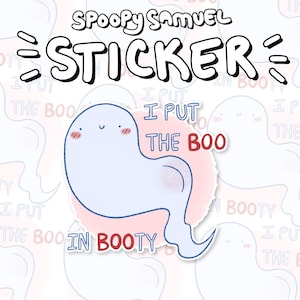 Könnte beinhalten: Ein Aufkleber mit einem Cartoon-Geist mit rosa Rouge und dem Text "I put the boo in booty".