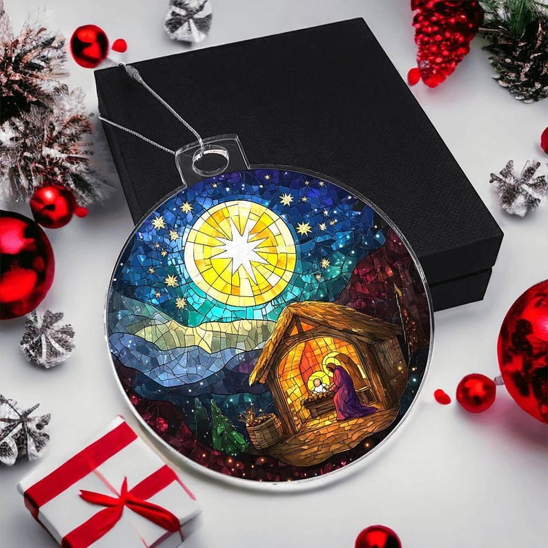 Custom Stained Glass Ornament, Nativity Ornament, Catholic Ornament