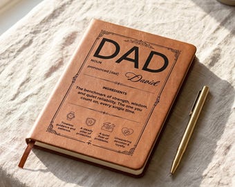 50-årspresent till pappa, personlig läderjournal, anteckningsbok med namn och milstolpe som minnesmärke för pappa