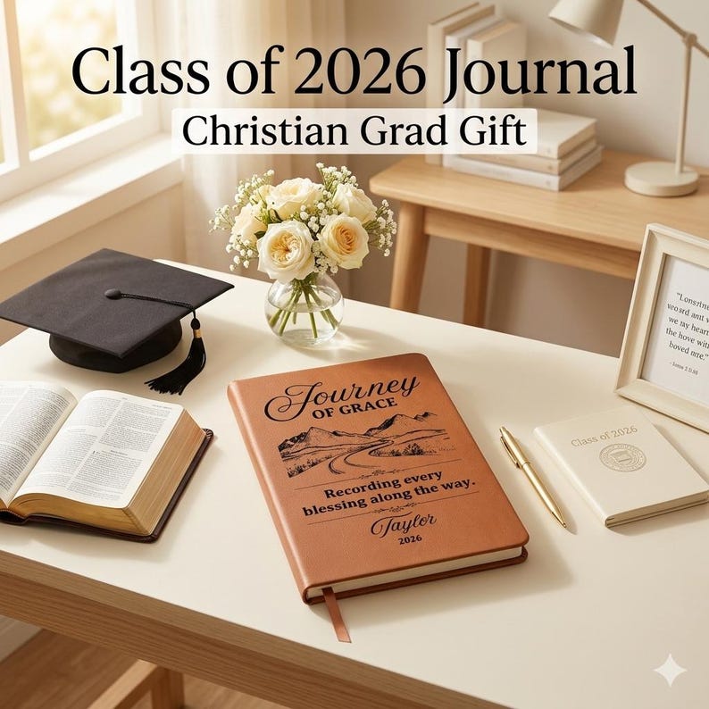 May include: A tan leather journal featuring a mountain landscape illustration and the text Journey of Grace, Recording every blessing along the way, Taylor, and 2026. The journal is placed on a desk with a graduation cap, a Bible, and a small notebook.