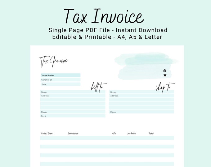 Editable PDF Tax Invoice Printable &amp; Editable Professional - Etsy