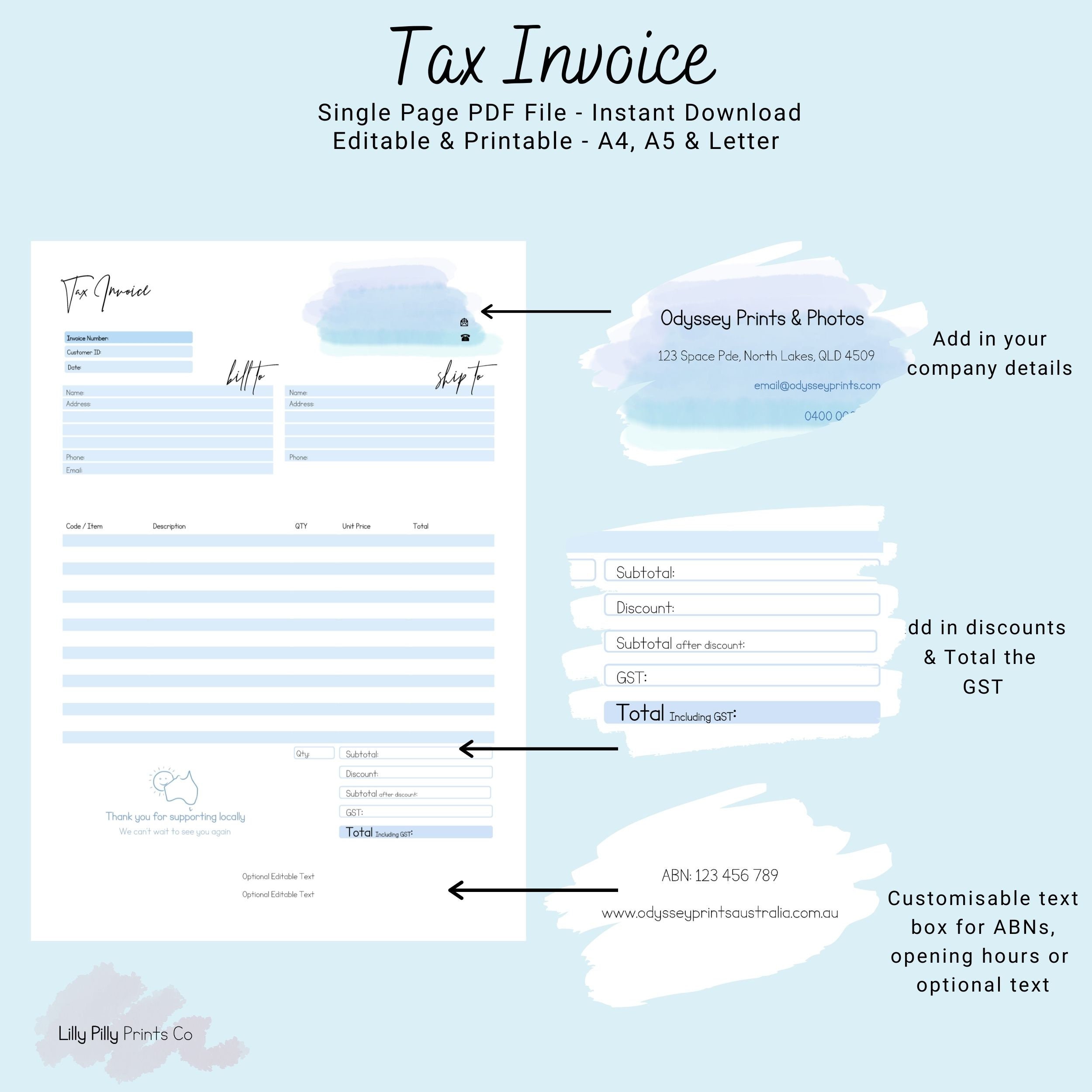 Editable PDF Tax Invoice | Printable &amp; Editable | Professional Tax ...