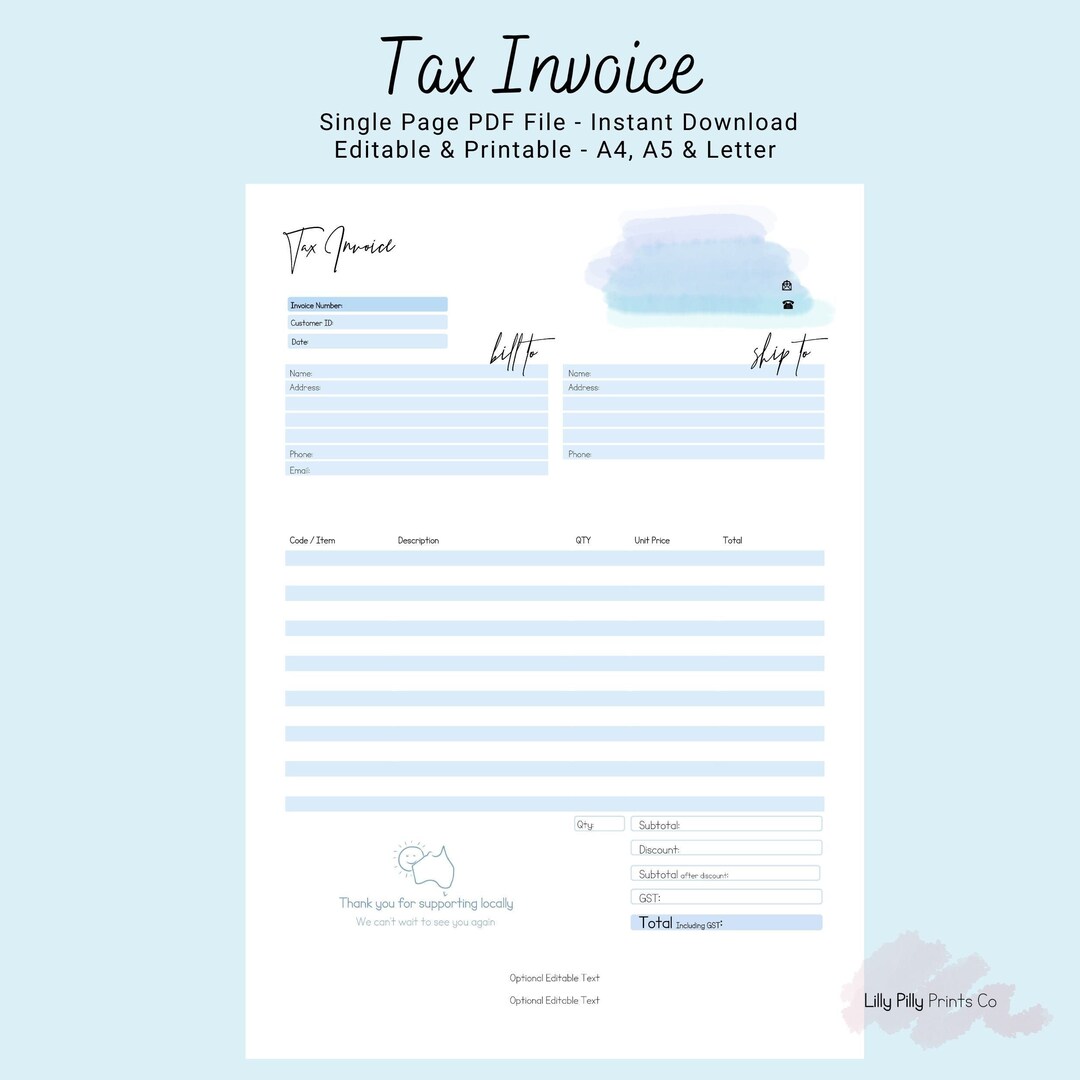 Editable PDF Tax Invoice | Printable &amp; Editable | Professional Tax ...