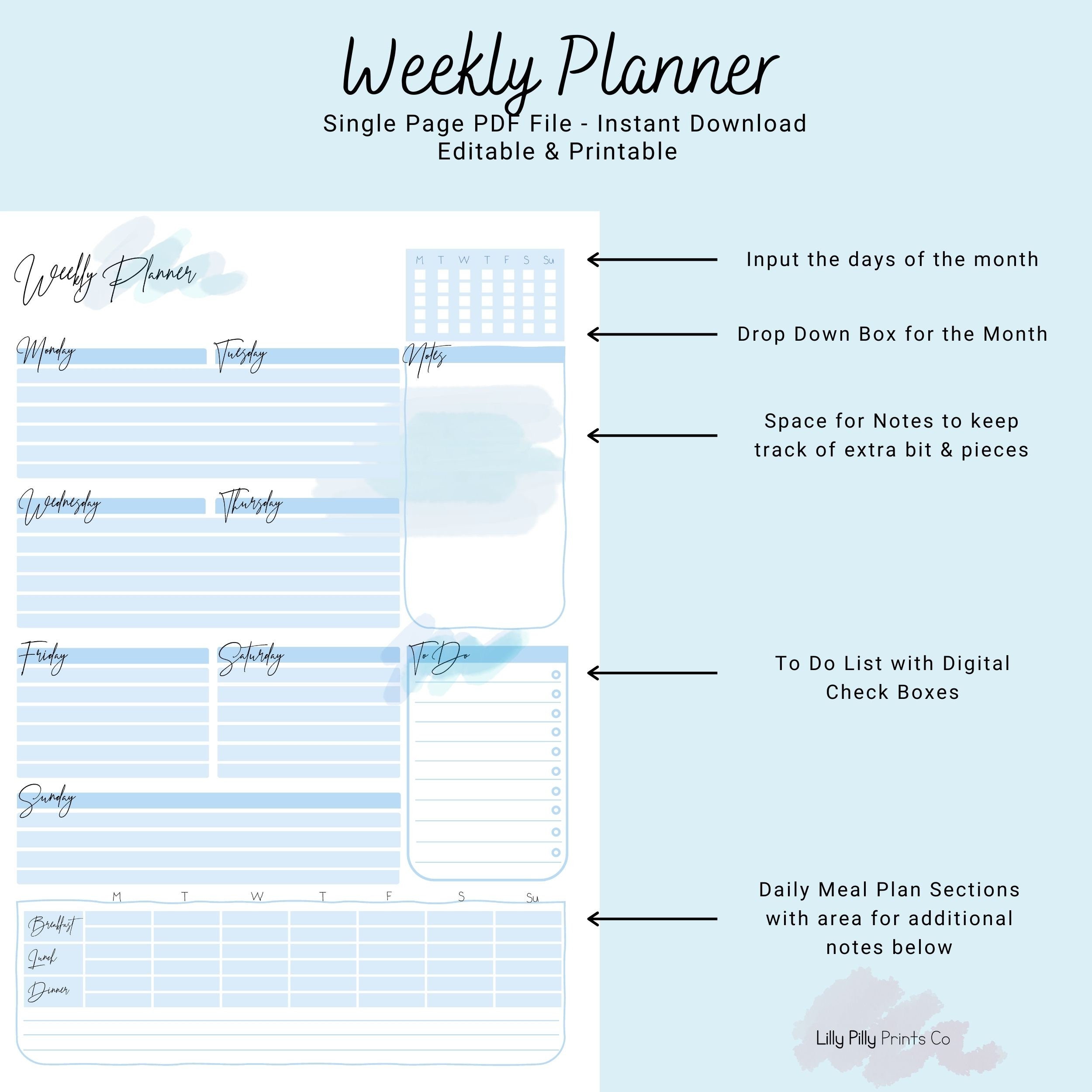 Editable PDF Weekly Planner | Printable & Editable | A4, A5, Letter ...