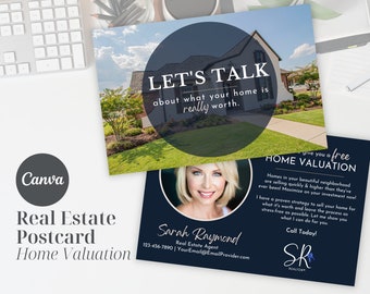 listing presentation kit real estate Home Valuation Postcard for Seller Lead Generating | For Real Estate Professionals | REALTOR® Canva Template