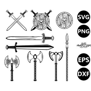Mittelalterliche Waffen Wikinger Axt Schild Schwert SVG Vektor Digitale Dateien