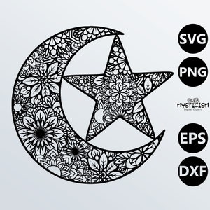 Moon and Star Mandala SVG Vector Digital Art File image 1