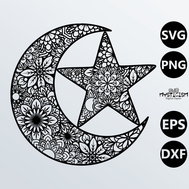 Moon and Star Mandala SVG Vector Digital Art File image 1