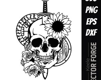 Arquivo de corte digital vetorial SVG com caveira, espada, rosas e bússola viking