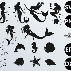 Mermaid Silhouettes Sea Creatures Bundle SVG Vector Digital Cut Files
