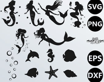 Mermaid Silhouettes Sea Creatures Bundle SVG Vector Digital Cut Files