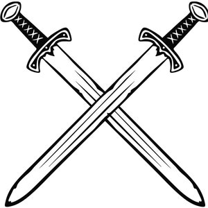 Pode incluir: Uma ilustra&ccedil;&atilde;o de arte linear a preto e branco de duas espadas cruzadas. Cada espada apresenta um pomo, um punho com um padr&atilde;o em forma de X, uma guarda curva e uma l&acirc;mina longa e reta com ponta, num estilo gr&aacute;fico arrojado.