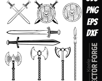 Arquivos Digitais Vetoriais SVG de Armas Medievais Vikings: Machado, Escudo e Espada