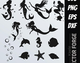 Pacchetto di sagome di sirene e creature marine in formato SVG, file di taglio digitale vettoriali