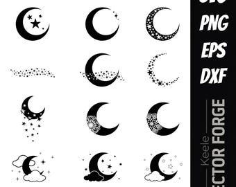 Pacote com 12 desenhos de lua e estrela - Arquivos vetoriais digitais em SVG da lua